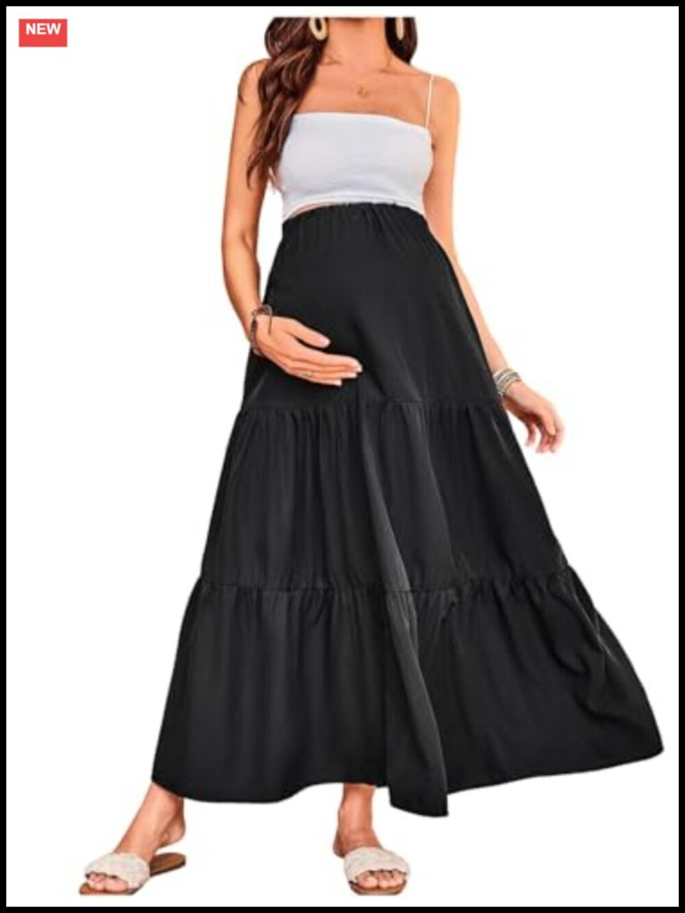 Maternity Ruffle Maxi Skirt High Waist Elastic Floral Boho Long Vacation Outfit